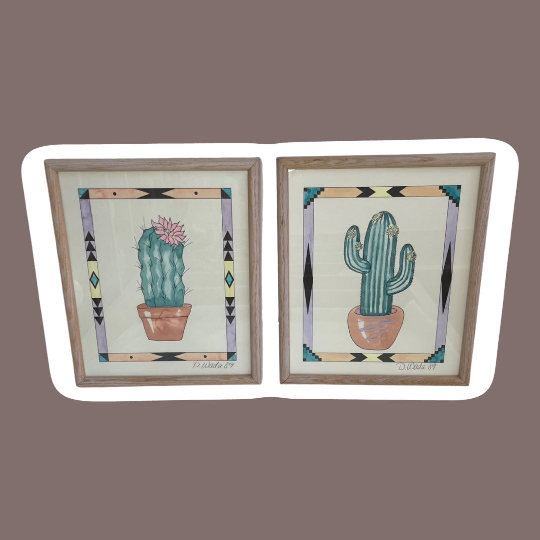 Arte enmarcado original del suroeste con cactus en acuarela de 1989 de D. Wada, juego de dos