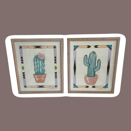 Arte enmarcado original del suroeste con cactus en acuarela de 1989 de D. Wada, juego de dos