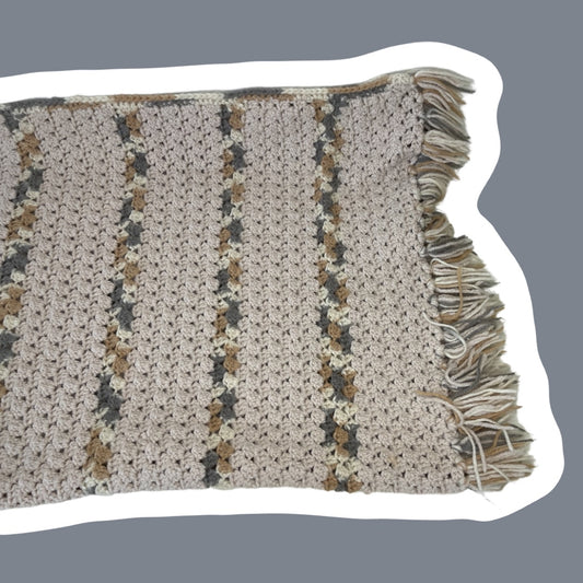 1970s Boho Hand Knitted/Crocheted Blanket with Tassels, Grey/Tan/Beige