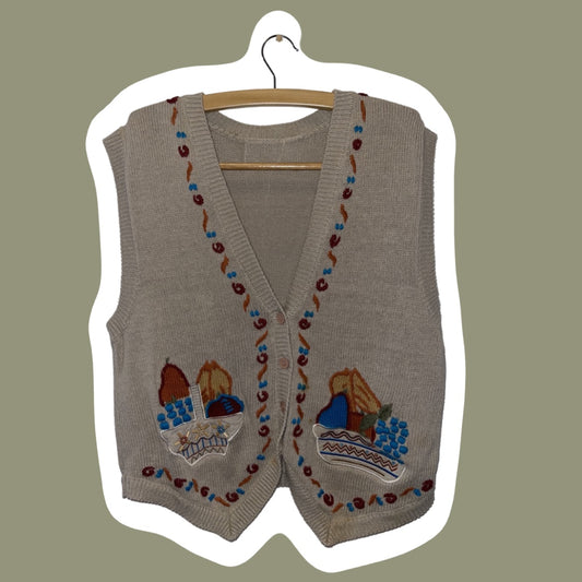 Boho Fruit/Veggie Basket Tan Sweater Vest, Women’s Size Medium