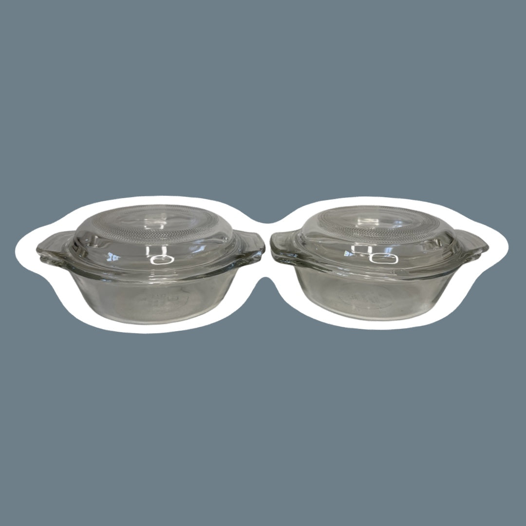 Cacerola de vidrio transparente de 12 oz con tapa de vidrio, modelo 1072 de Anchor Hocking, década de 1960, juego de dos