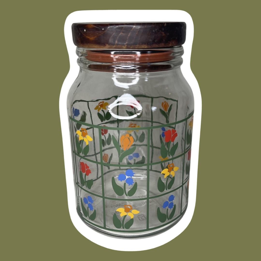 Floral Colorful Nina ‘Anchor Hocking’ Canister Jar with Wooden Lid