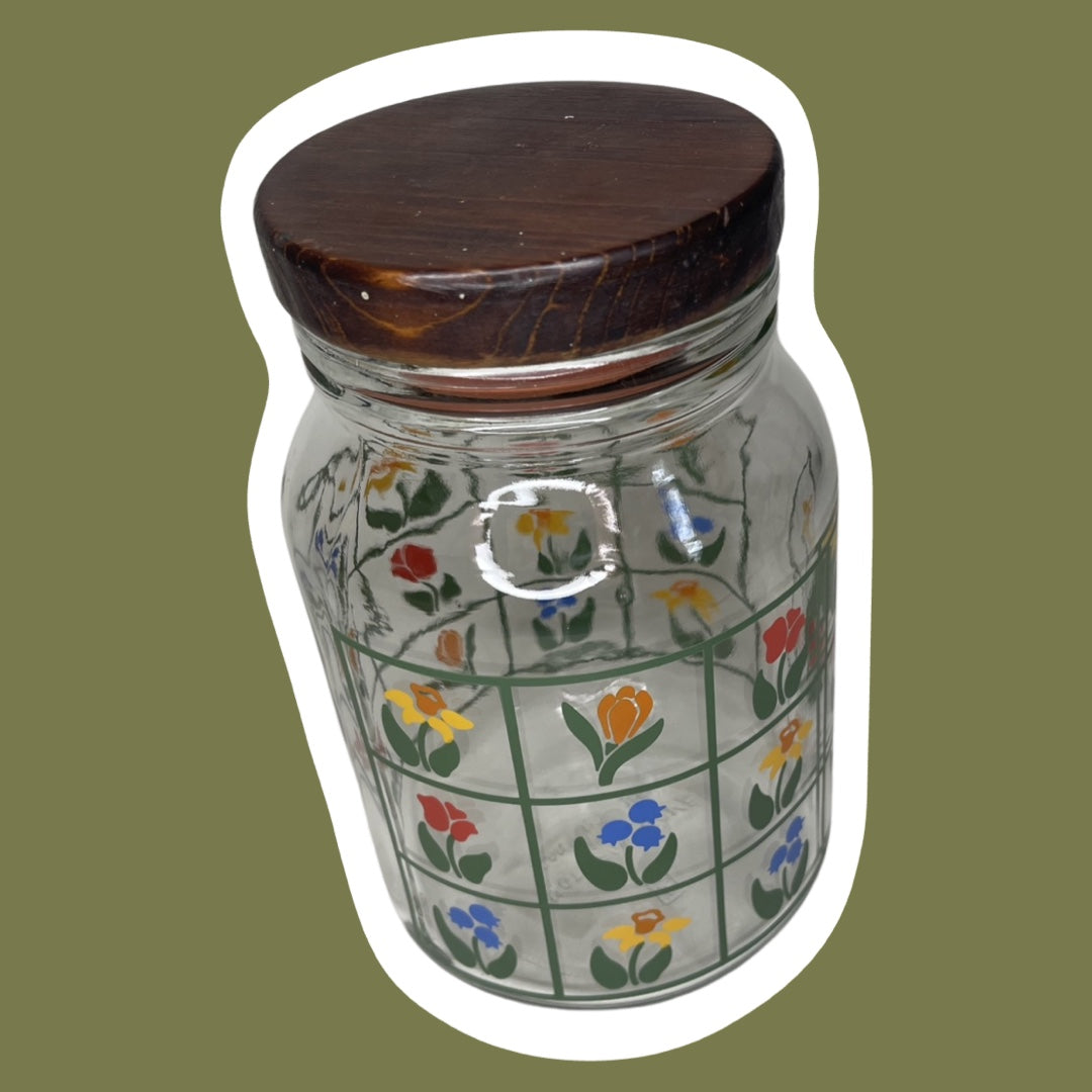 Floral Colorful Nina ‘Anchor Hocking’ Canister Jar with Wooden Lid