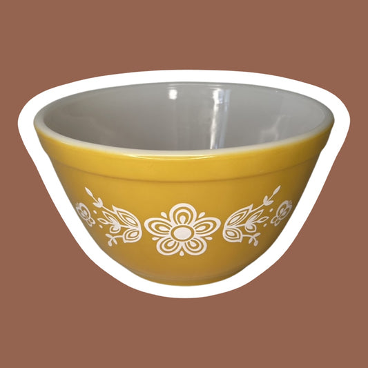 Tazón para mezclar de vidrio con leche de 1,5 puntos con diseño de mariposa dorada de Pyrex n.° 401