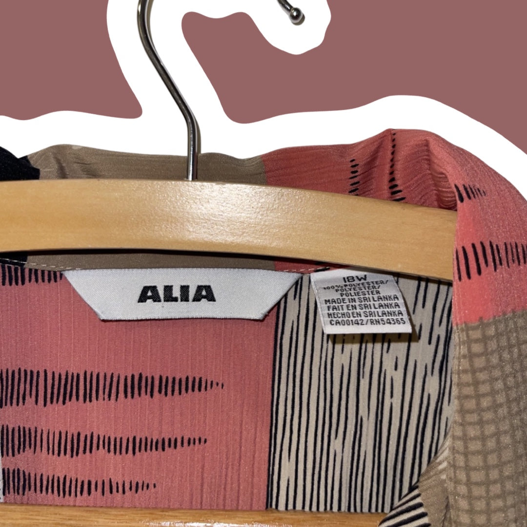 ‘Alia’ Button Up Collared Shirt with Shoulder Padding, Pink, Black, Taupe Abstract Squares/Checkers