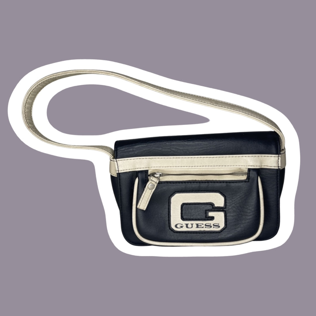 Small Leather ‘Guess’ Black & Cream Shoulder Bag Purse