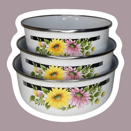 ‘GMI’ Yellow/Pink Floral Print Enamel Coated Bowls, Set of 3