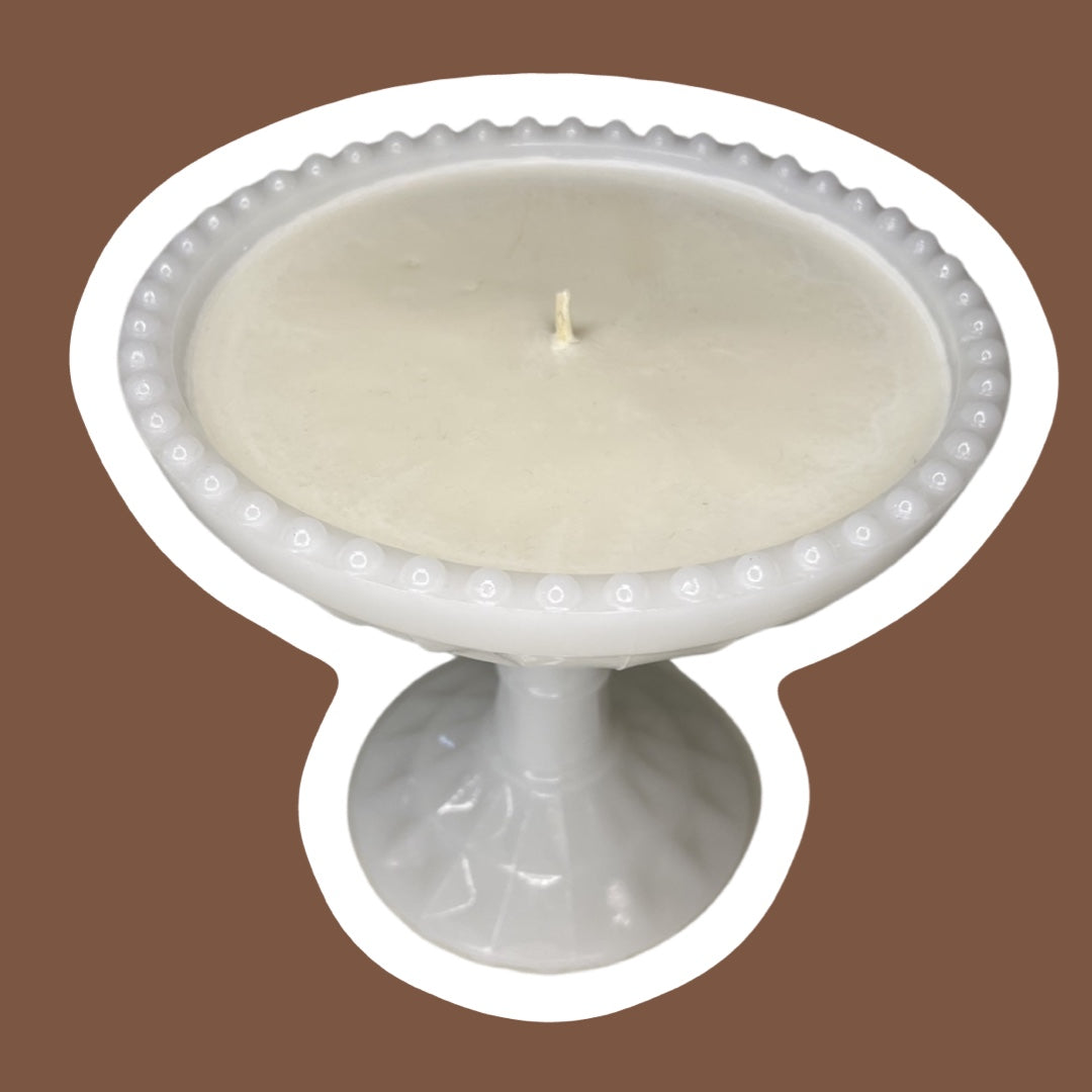 1950s 'Jeanette Glass Co.' Ornate Windsor Milk Glass Pedestal Candy/Trinket/Compote Dish Soy Wax Candle