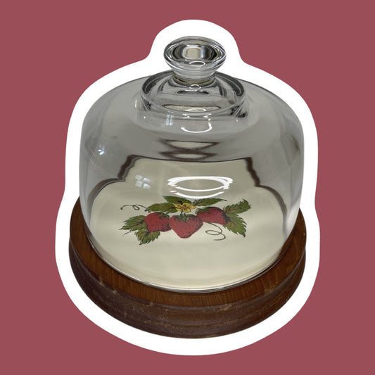 Teak & Ceramic Rustic Strawberry Cheese Plate With Glass Dome/Cloche