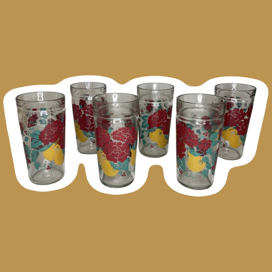 Anchor Hocking Peach, Pear & Floral Glass Tumblers, Set of 6