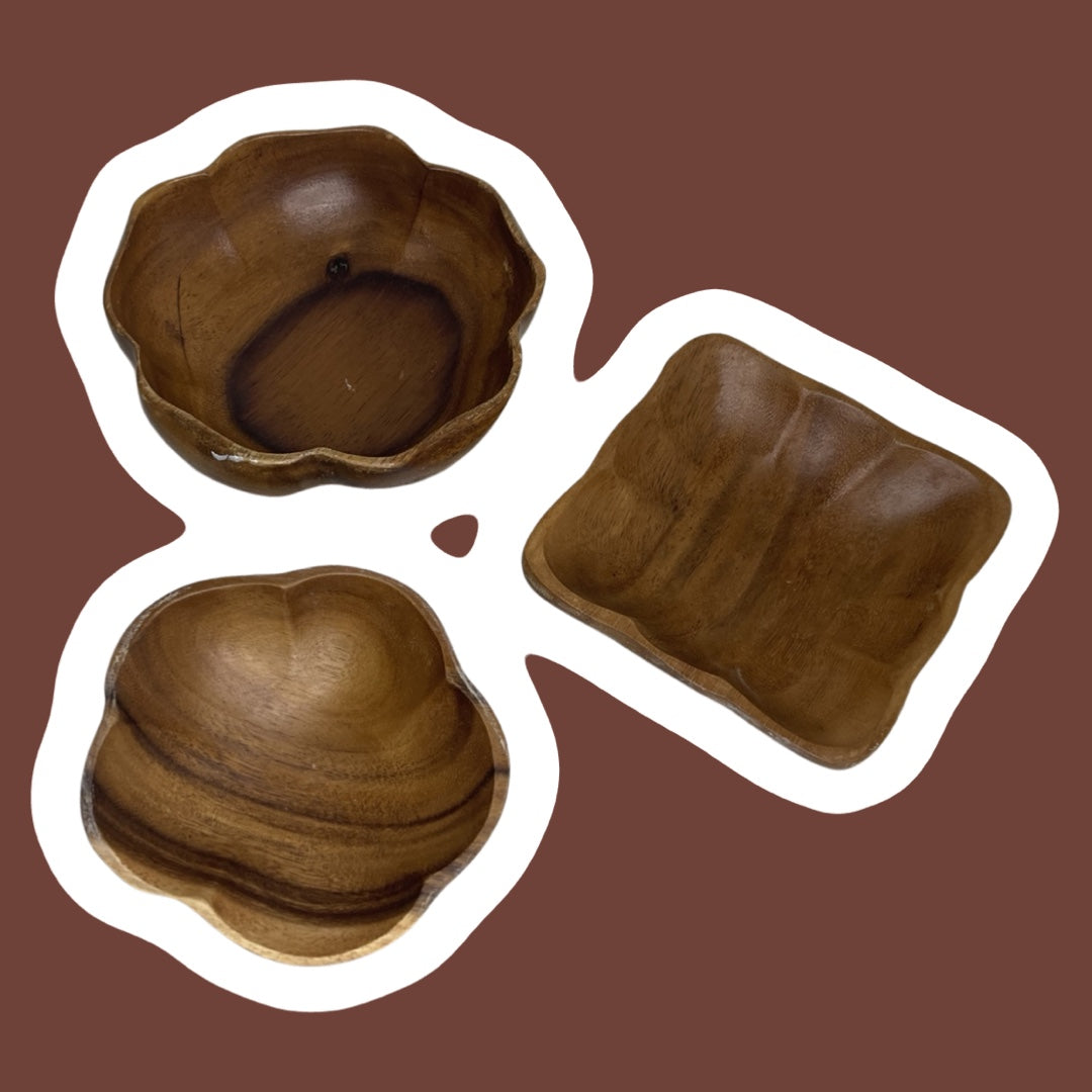 Flower & Square Shaped Monkey Pod Wood Trinket Dishes, Set of 3