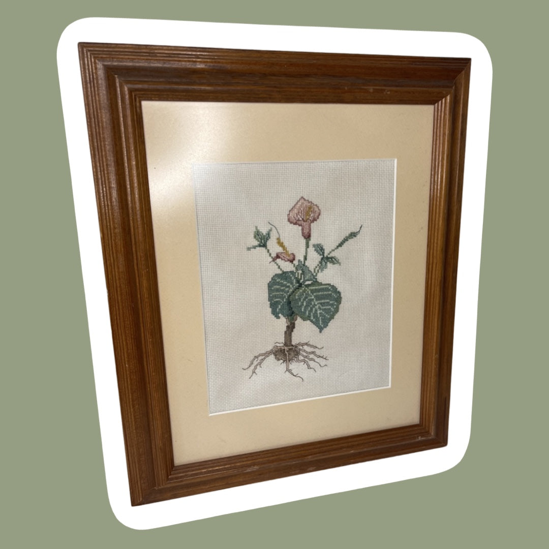 Handmade Floral Framed Cross Stitch/Needle Point, 14"x17"