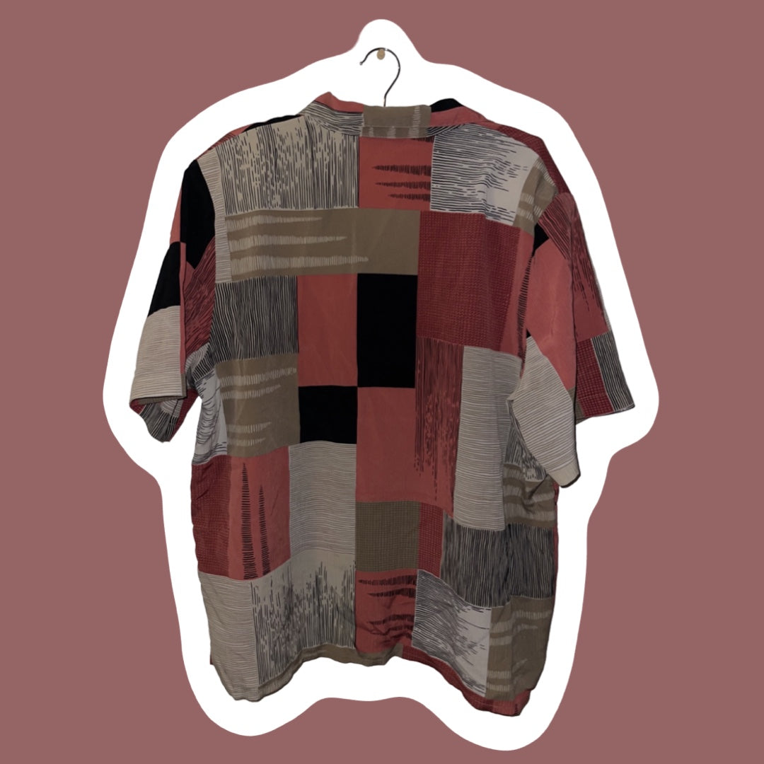 ‘Alia’ Button Up Collared Shirt with Shoulder Padding, Pink, Black, Taupe Abstract Squares/Checkers