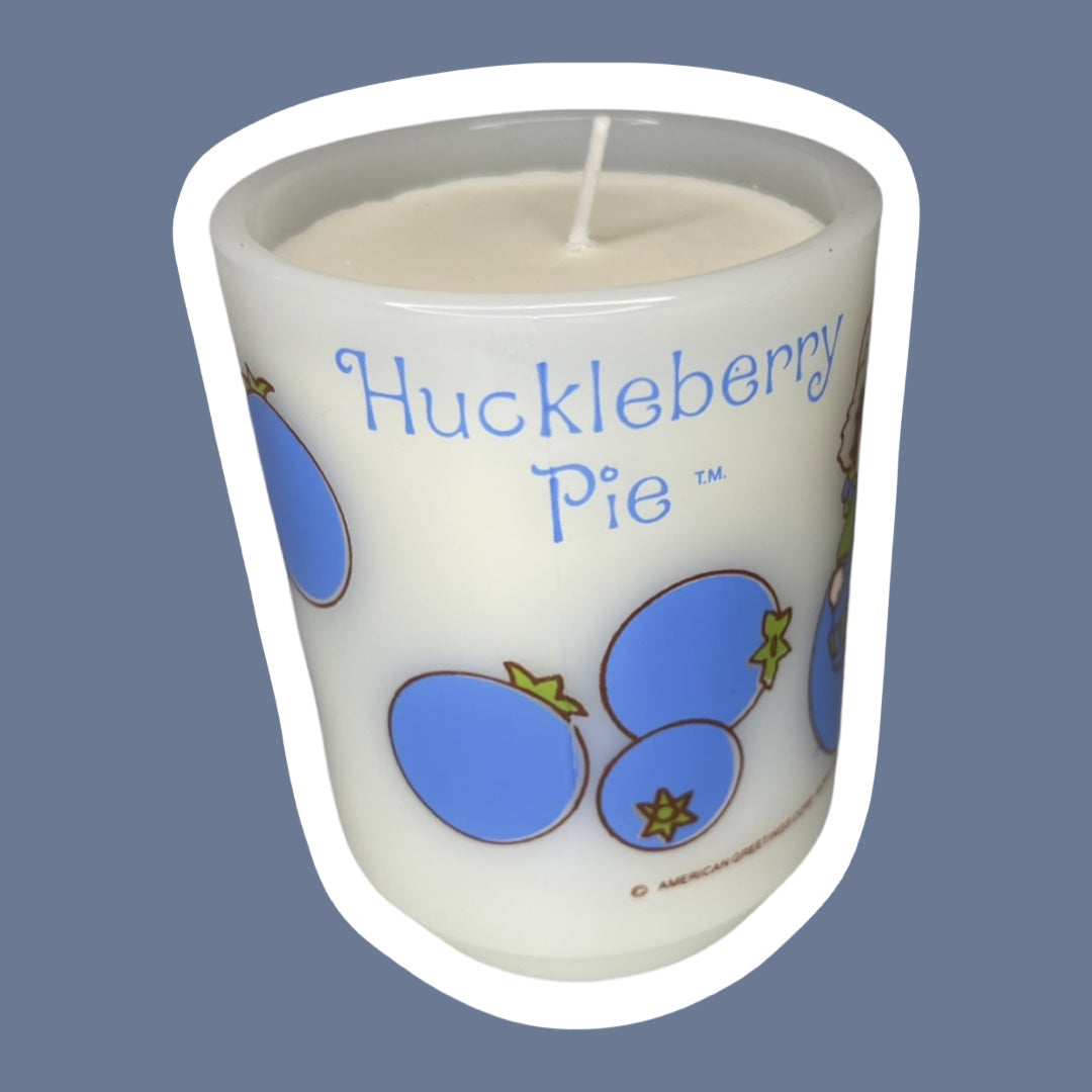 1980's Anchor Hocking Huckleberry Pie Milk Glass Mug Candle, Strawberry Shortcake