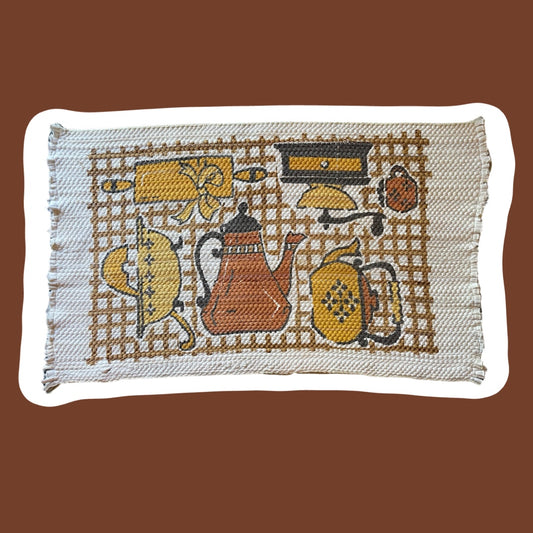 ‘Prin-Craft’ 1970s Mid-Century Kitchen Utensils Throw Rug, Yellow/Rust Orange/Brown