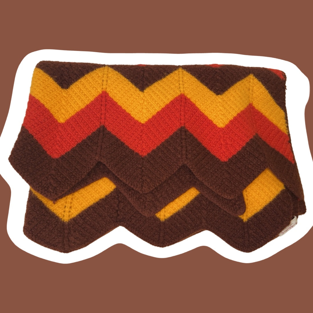 1970s Hand Knitted/Crocheted Blanket, Red/Yellow/Brown Chevron Pattern