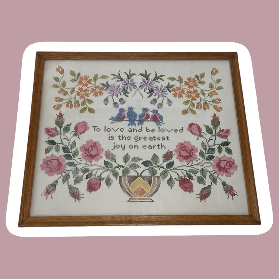 Nature Floral Detailed Needle Point/Cross Stitch Framed Wall Art, “To Love and be Loved is the Greatest Joy on Earth”