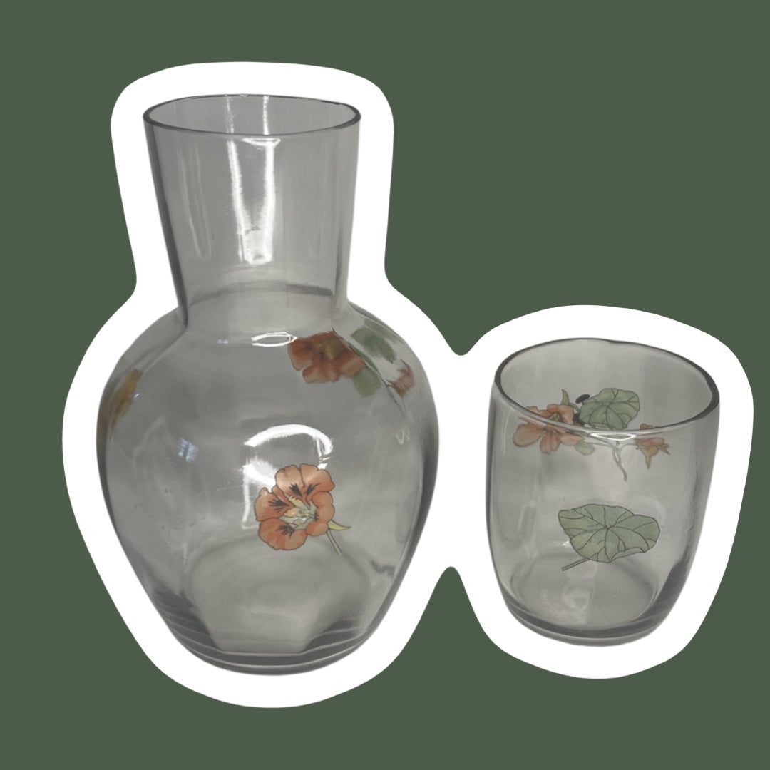 1960s / 1970s Glass Bedside Water Carafe with Drinking Glass, Floral Pattern