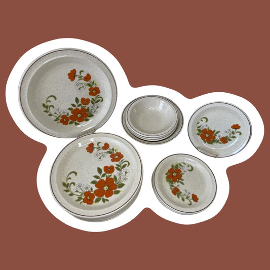 Nikko ‘Orange Blossoms’ Floral Stoneware 17 Piece Dining Set, Entree Plates, Serving Plate, Soup Bowls, Serving Bowl