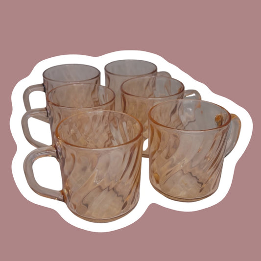 ‘Arcoroc France’ Light Pink Peachy Glass Swirl Mugs, Set of Six