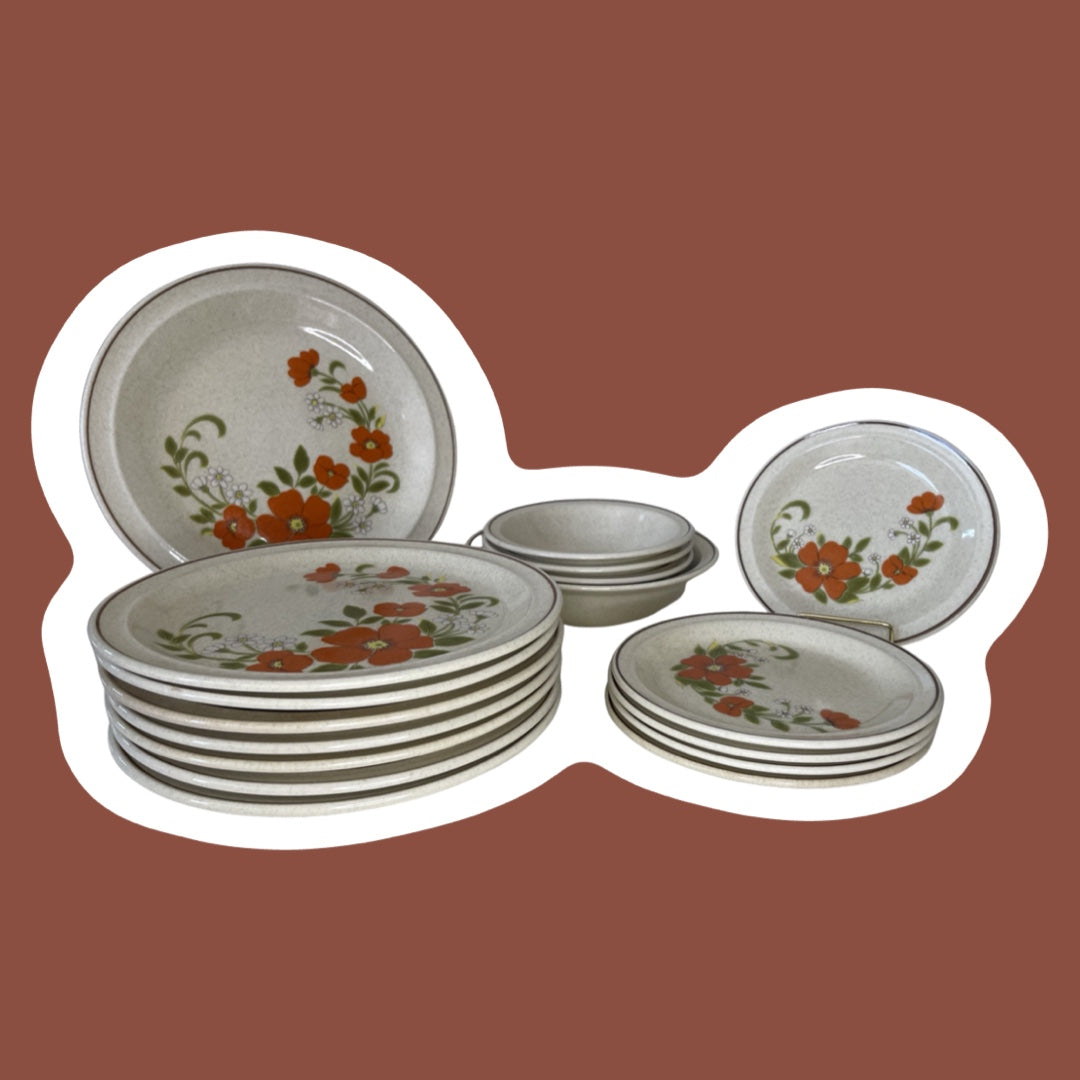 Nikko ‘Orange Blossoms’ Floral Stoneware 17 Piece Dining Set, Entree Plates, Serving Plate, Soup Bowls, Serving Bowl