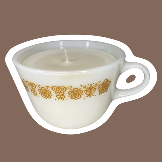 Pyrex Milk Glass ‘Golden Butterfly’ Tea Cup Mug Soy Wax Candle